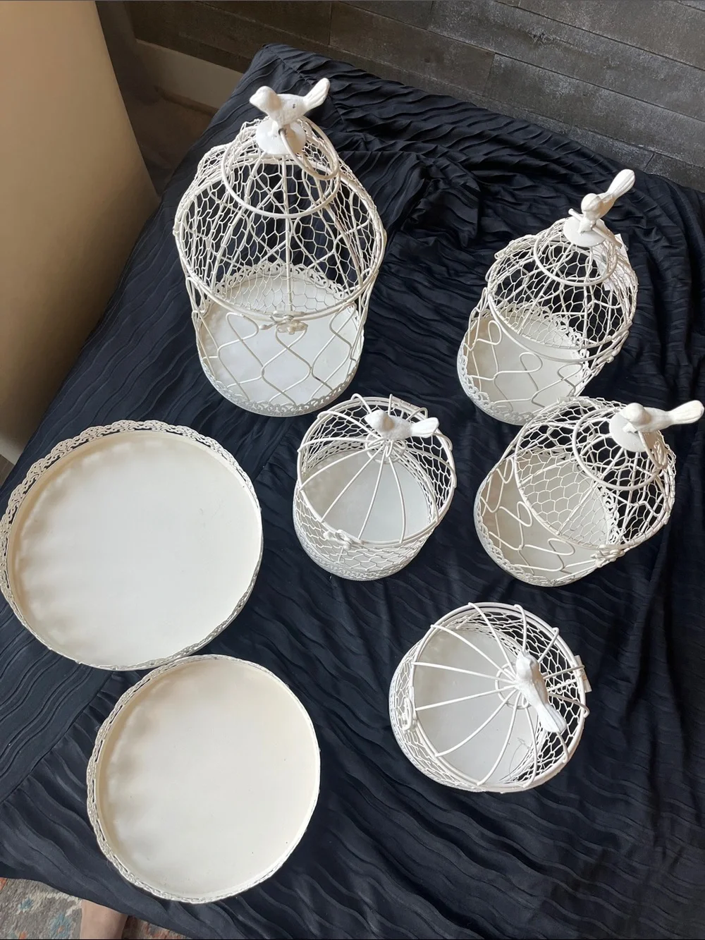 7-Piece White Shabby Chic Birdcage & Decorative Tray Set